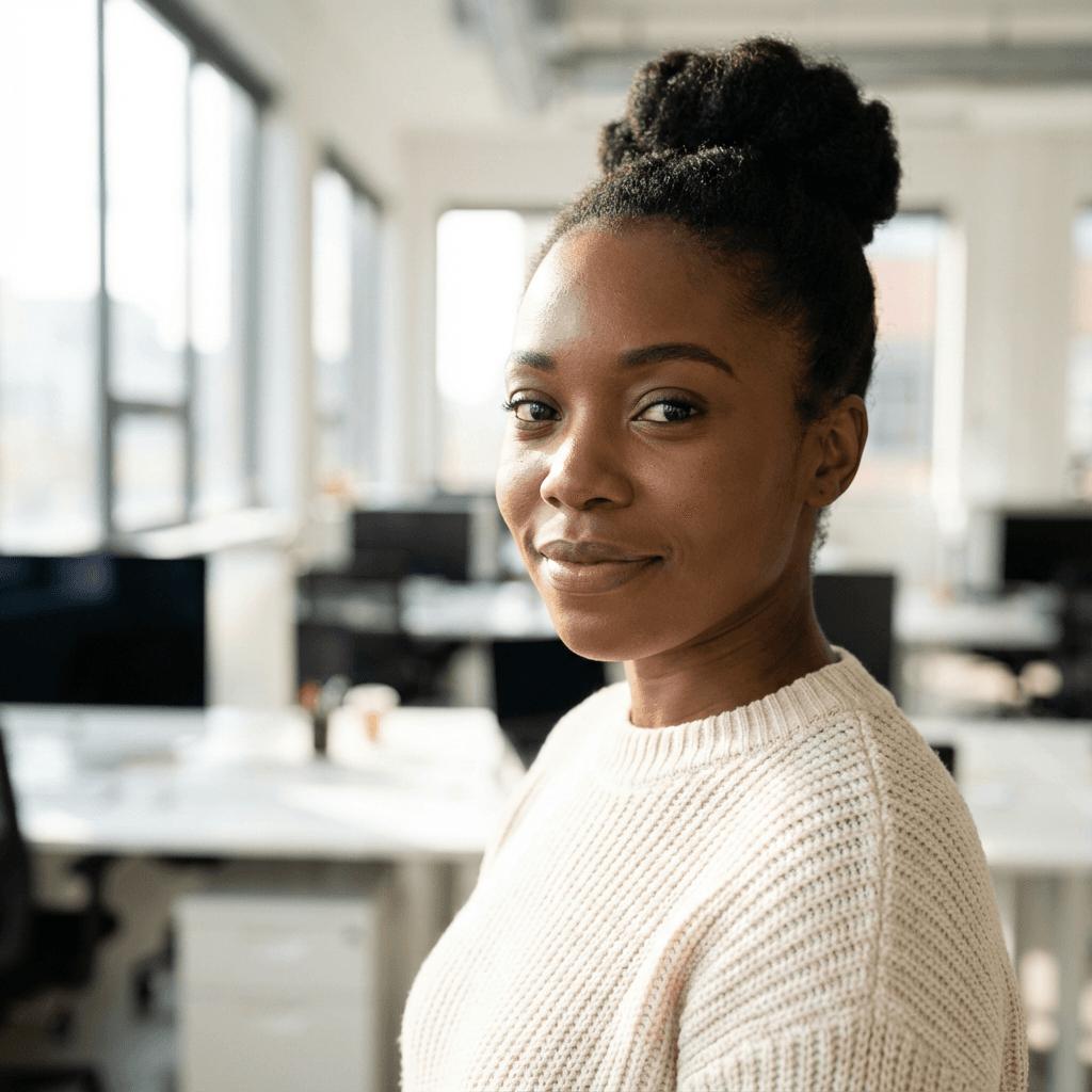 Portrait d'une développeuse web souriante dans un bureau moderne