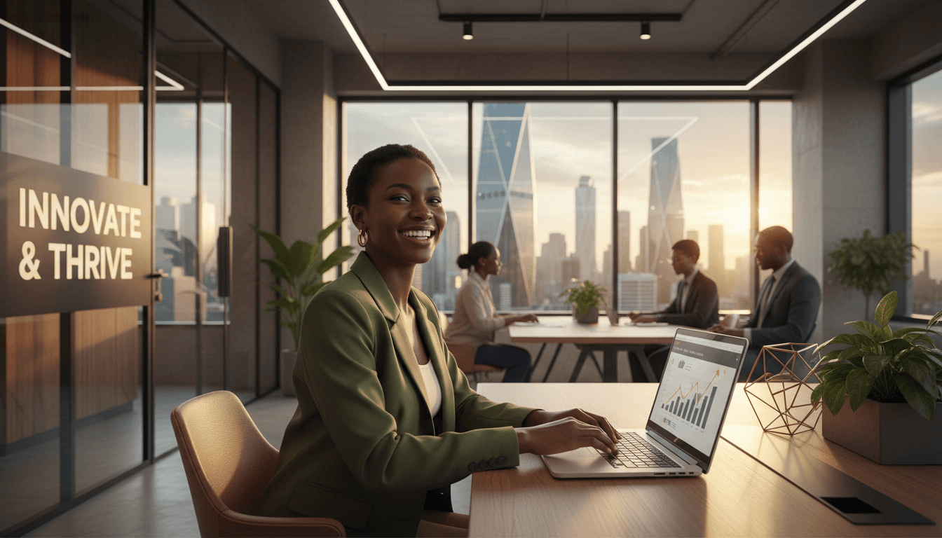 African entrepreneur souriant travaillant sur ordinateur portable dans un bureau moderne