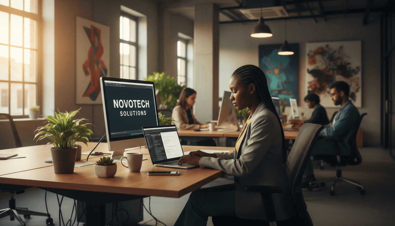 Développeur web africain travaillant sur ordinateur portable dans un bureau moderne