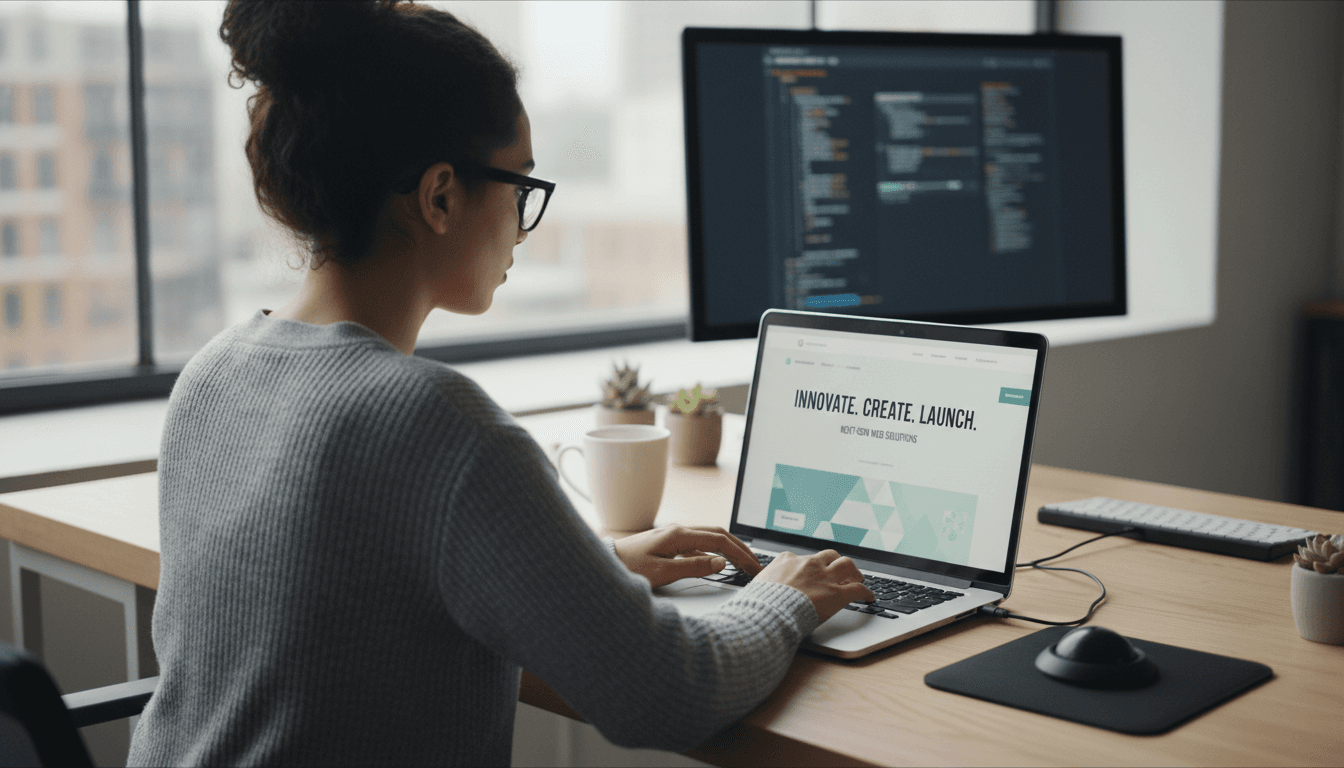 Développeur web professionnel travaillant sur un ordinateur portable avec un design de site moderne