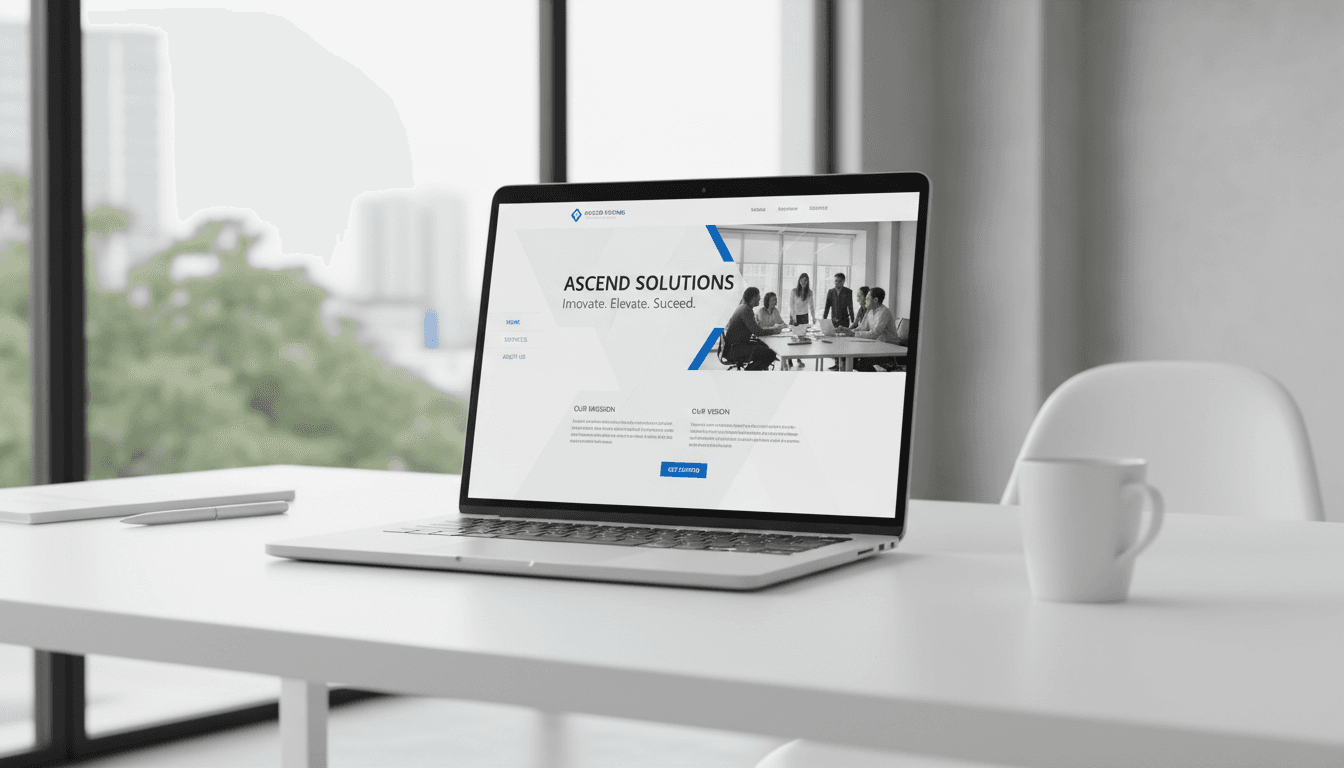 Ordinateur portable affichant un site vitrine professionnel dans un bureau lumineux