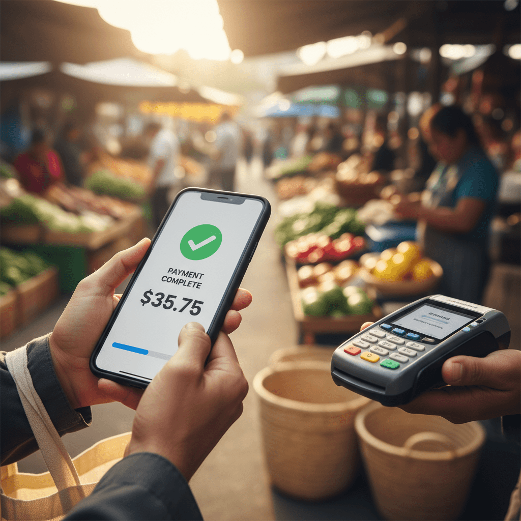 Personne utilisant un smartphone pour un paiement Mobile Money sur un marché