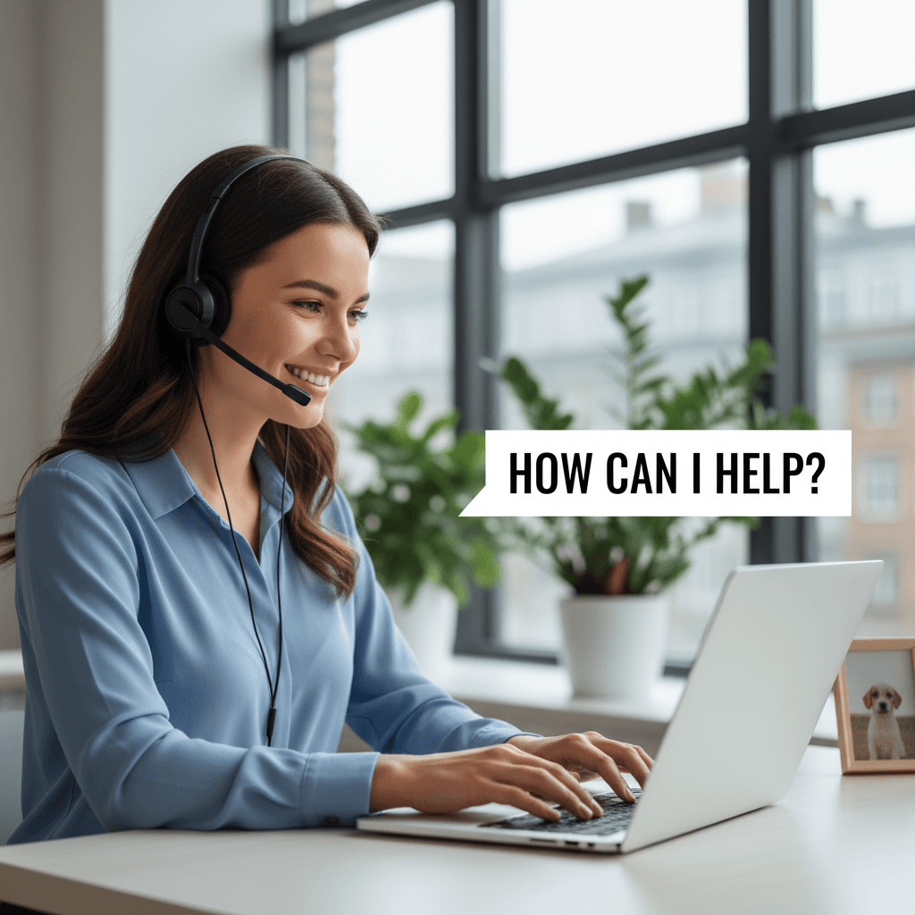 Agent de support client souriant tapant sur un ordinateur portable avec un casque
