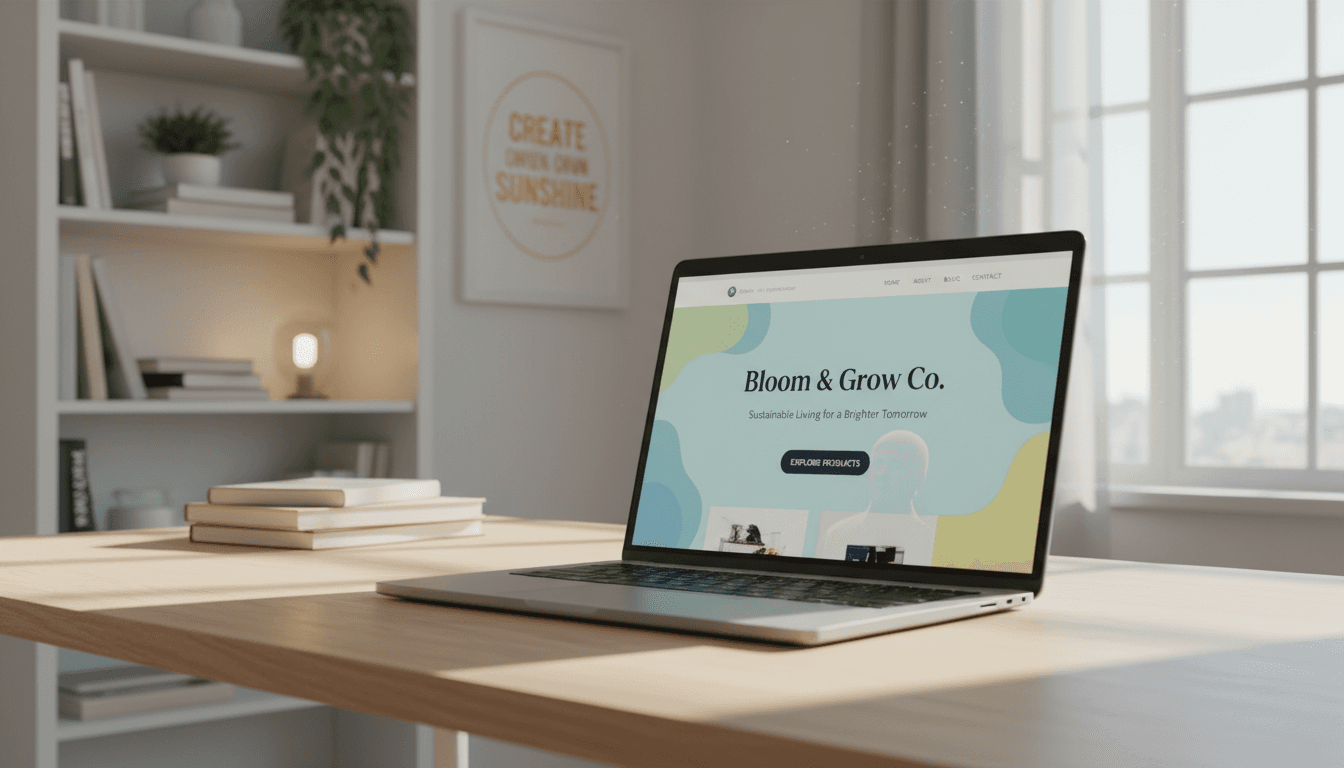 Ordinateur portable affichant un site web professionnel dans un bureau moderne